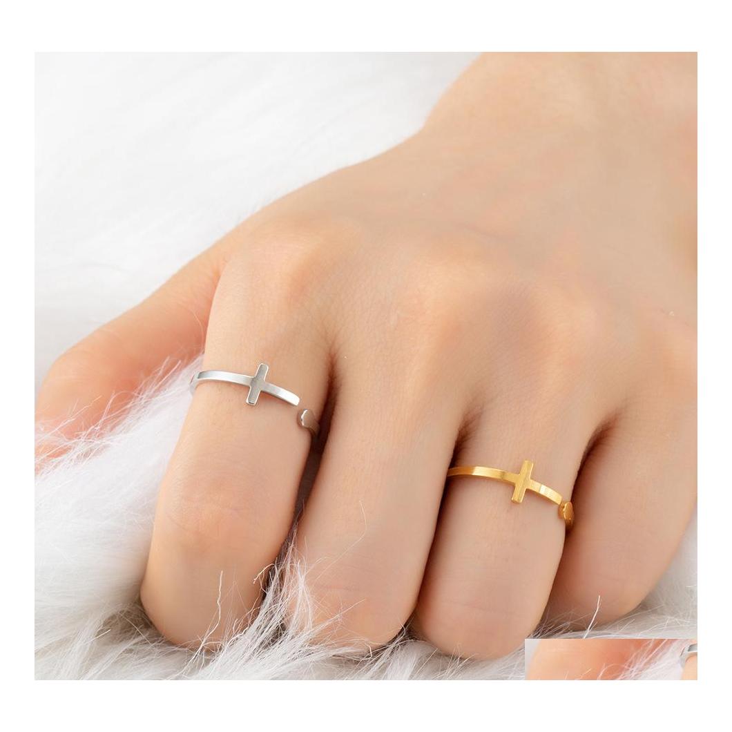 

Wedding Rings Jesus Cross Ring For Women Men Christian Jewelry Gold Resizable Bague Simple Stainless Steel Knuckle Drop Delivery Otr8N