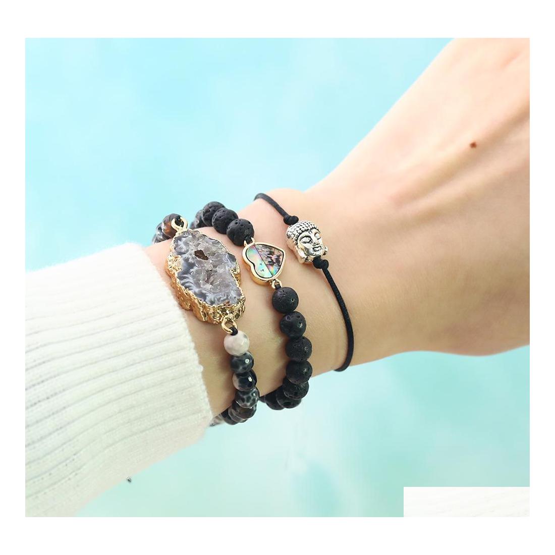 

Beaded Strands 6Mm Lava Stone Beaded Bracelet For Men Women Handmade Braided Natural Abalone Shell Heart Round Cross Charm Fashion Dhdwq