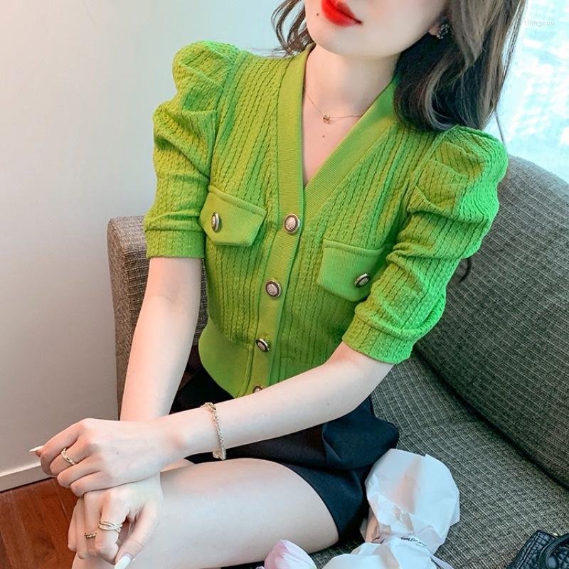 

Women' Blouses #7275 Short Blouse Femme V-neck Single Breasted Sexy Club Puff Sleeve Womens Tops And Pockets Slim Korean Style Summer, Green