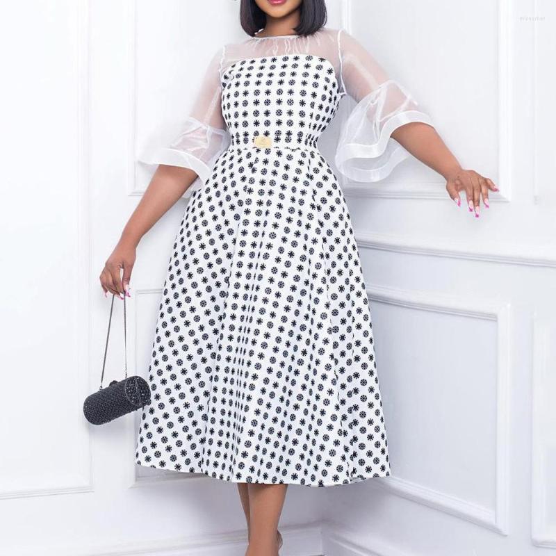 

Casual Dresses Elegant Dress Luxury Women For Dinner Party Printed Round Neck Flare Sleeve High Waisted A Line Mid Calf Fashion Evening, White dress