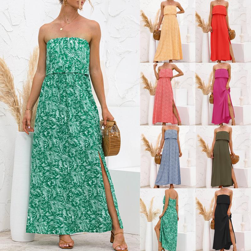 

Casual Dresses Fashion Summer Women Sexy Backless Strapless Side Slit Long Dress Printed Tube Top Vacation Beach 7 Colors Vestidos, Beige