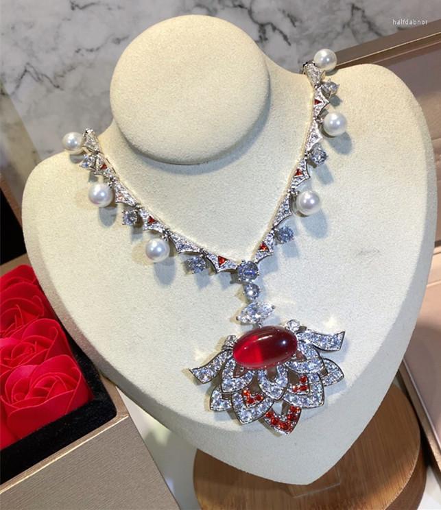 

Necklace Earrings Set Brand Pure 925 Sterling Silver Jewelry For Women Red Stone Flower Party Dinner Design Wedding B, Picture shown