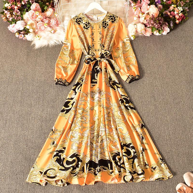 

Casual Dresses 2022 Women Long Dress Polyester Lantern Sleeve Drawstring Vintage Ladies O-neck Court Flower Printed, Black