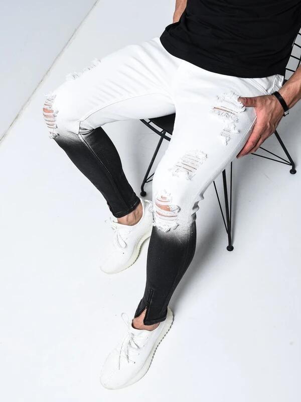 

Men' Jeans Men Skinny Stretch Ripped Mens Fashion Zipper Slim Fit Denim Trousers Brand Motor Biker Hip Hop White Black 2022