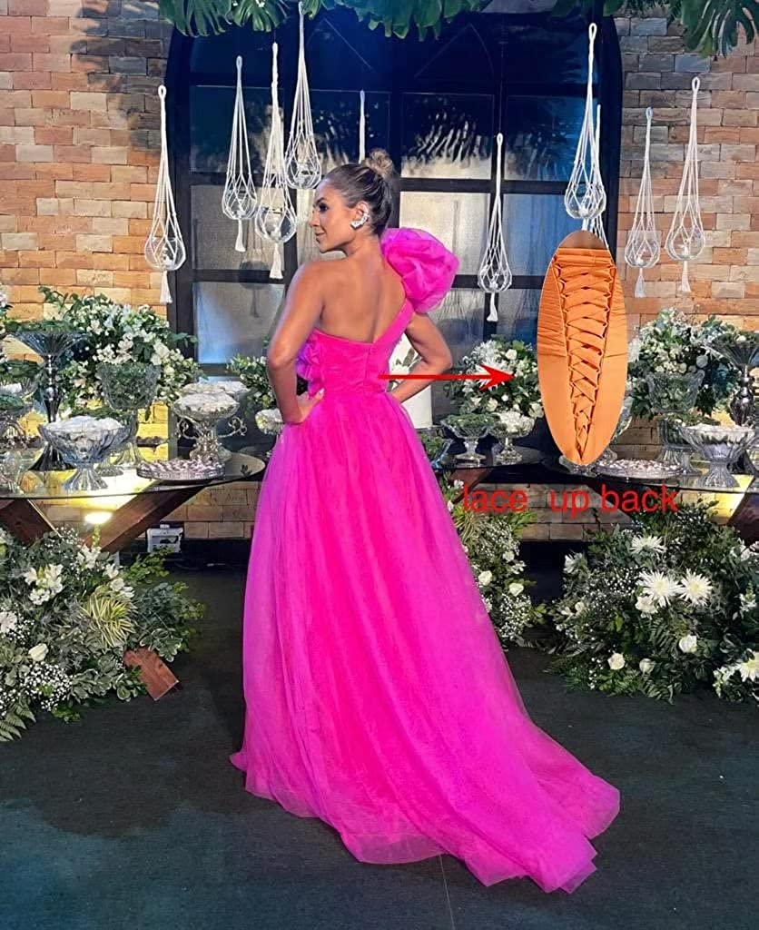 2023 Sexy Side Split Pink Prom Dresses Long One Shoulder Tulle Special Occasion Dress Cheap A-Line Evening Party Engagement Gowns