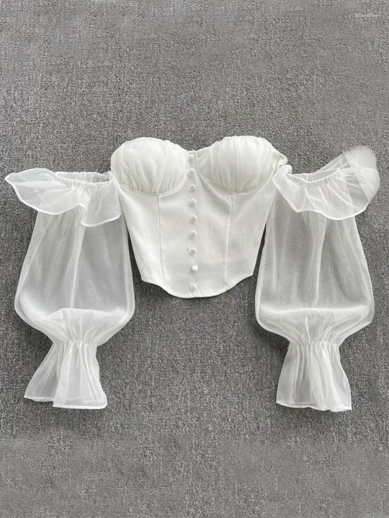 

Women' Blouses White Black Off Shoulder Crop Top For Women Elegant Padded Chiffon Patchwork Long Sleeve Ruffles Blouse Slim Summer Chic