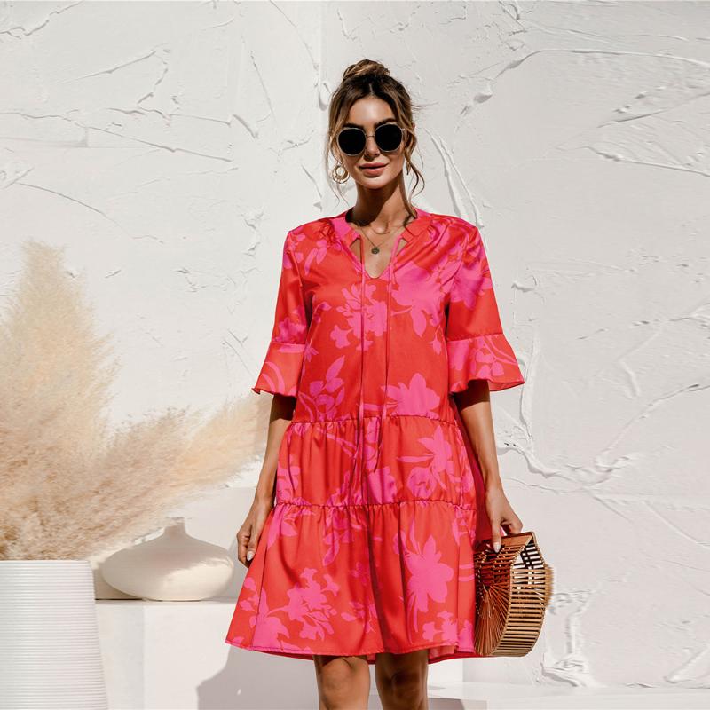 

Party Dresses Elegant Summer V-neck Flare Sleeve Floral Print Knee Length Dress Women Casual Loose Patchwork Lace Up Design Vestidos Mujer, 2437 army green