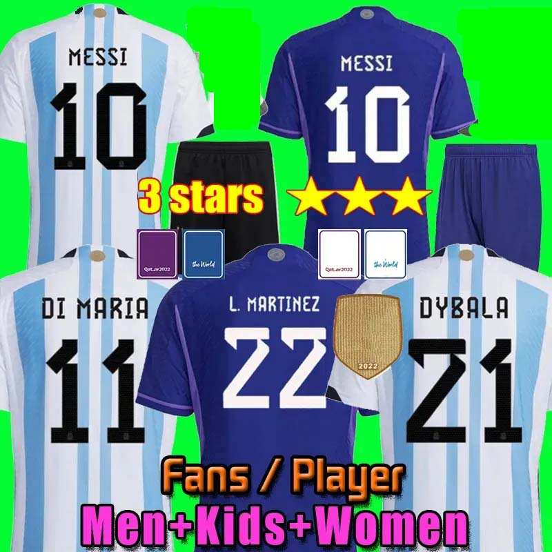 

2022 Argentina soccer Jerseys 3 stars Fans Player Version 22 23 DI MARIA DYBALA LO CELSO MARADONA DE PAUL football shirt Men Women Kids kit uniforms, 22 23 kids home+patch