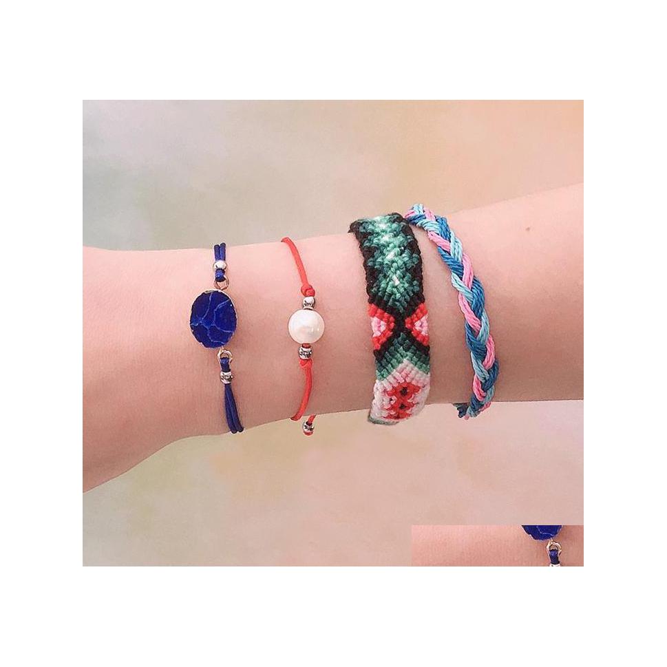 

Link Chain Bohemian Handmade Woven Rope Bracelet For Women Girl Pearl Charm Stainless Steel Beads Adjustable With Card Jewelry Gift Dhgmt