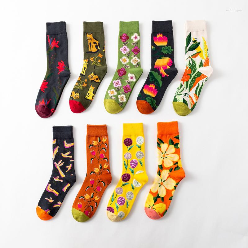 

Men's Socks Men Funny Happy Cartoon Animal Print Flower Series Trend Cotton Art Couple Women Fall Winter Set, 4 pairs of socks