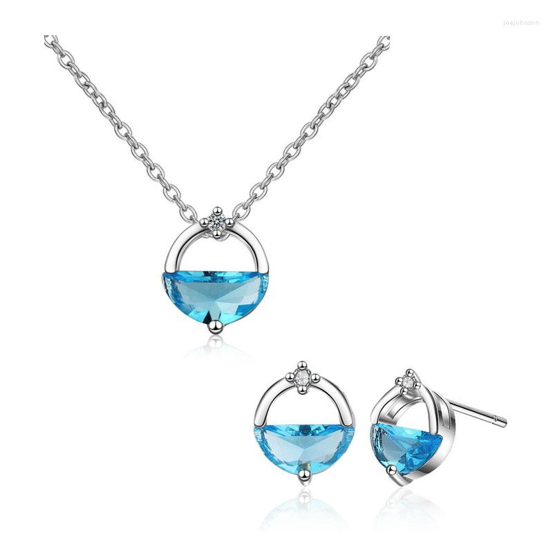 

Necklace Earrings Set Fashion 925 Silver Blue Crystal Stone Round Circle For Girls Women Simple Earring Gift Jewelry, Picture shown