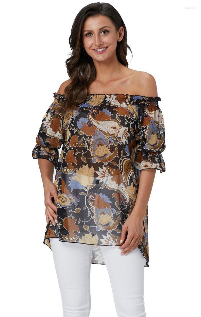 

Women's Blouses Baharcelin Female Summer Blouse Slash Neck Flare Sleeve Casual Vintage Printed Floral Chiffon Tops Big Size Clothing, 10