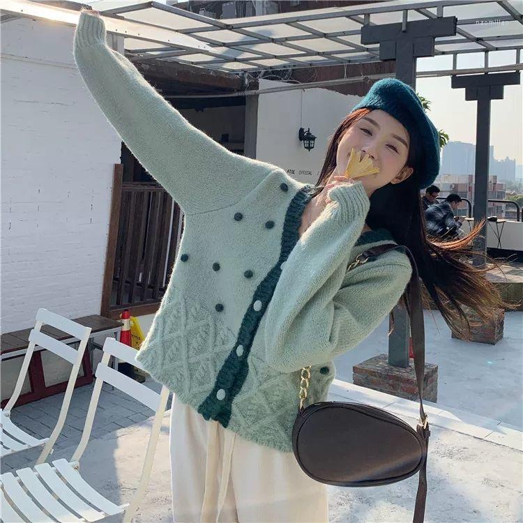 

Women' Knits 2022 Coat Women' Spring Autumn Contrast Color V-neck Sweater Three-dimensional Ball Embellished Comfortable Knitted, Green