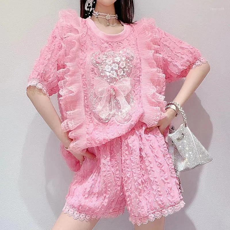 

Women' Tracksuits 2 Pcs Designer Women Summer Sequins Cartoon Ruffles Loose Blouses Bows Lace Tops And Party Shorts Pants Suits Set NS982, Pink