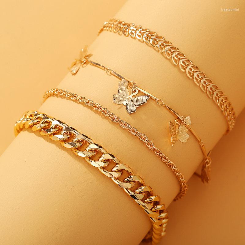 

Anklets 4Pcs/set Bohemian Butterfly Chain Multi-layer Anklet Set For Women Gold Color Statement Jewelry Fashion Metal