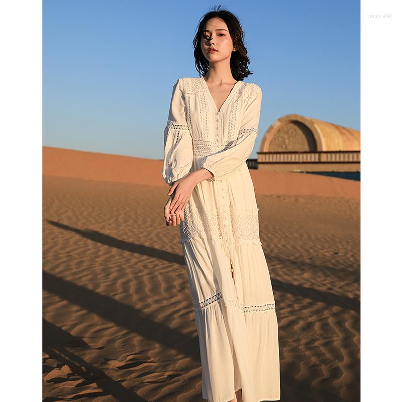 

Casual Dresses Women Retro V-Neck Dress Spring Summer Waist Was Thin French Bellflower Skirt Temperament Holiday Beach Feminina CX1408, White
