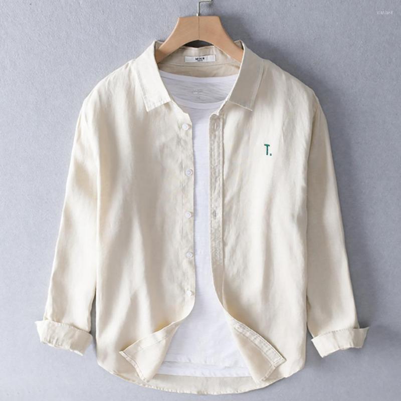 

Men's Casual Shirts High Quality Linen Shirt Men Breathable Comfy Solid Color Letter Embroidery Long Sleeve Loose Harajuku Blouse 2022, Gray