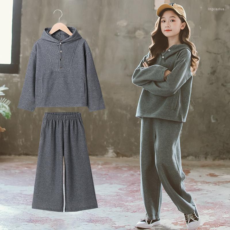 

Clothing Sets Girls' Suit Autumn Sports 2022 Big Children's Wide-Leg Pants Loose Sweater Fat Plus Size Two-Piece, Gray