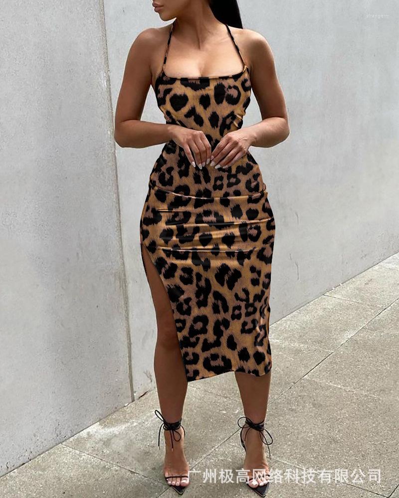 

Casual Dresses Bodycon Sexy Sleeveless High Waist Fashion Leopard Backless Slit Party Dress Slim Knee Length
