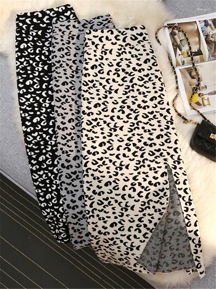 

Skirts Vintage Leopard Knitted Women's Wrap 2022 High Waist Knitwear Front Split Sheath Pencil Female Autumn Winter, Black
