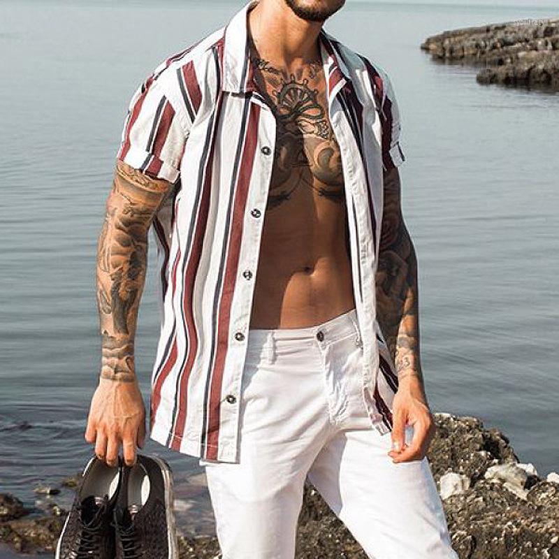 

Men's Casual Shirts 2022 Leisure Striped Slim Summer Thin Youth Short Sleeve Hawaii Beach Lapel Cardigan, Flyw1