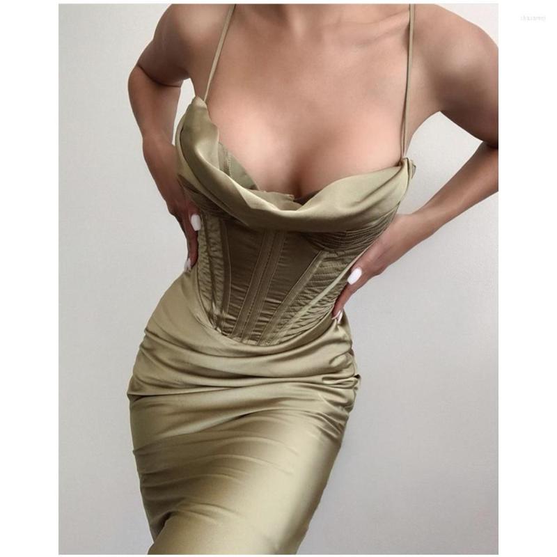 

Casual Dresses Arrivals Ladies Women Summer Sexy V Neck Corsert Midi Lady Dress 2022 Designer Fashion Evening Party Vestido, Army green