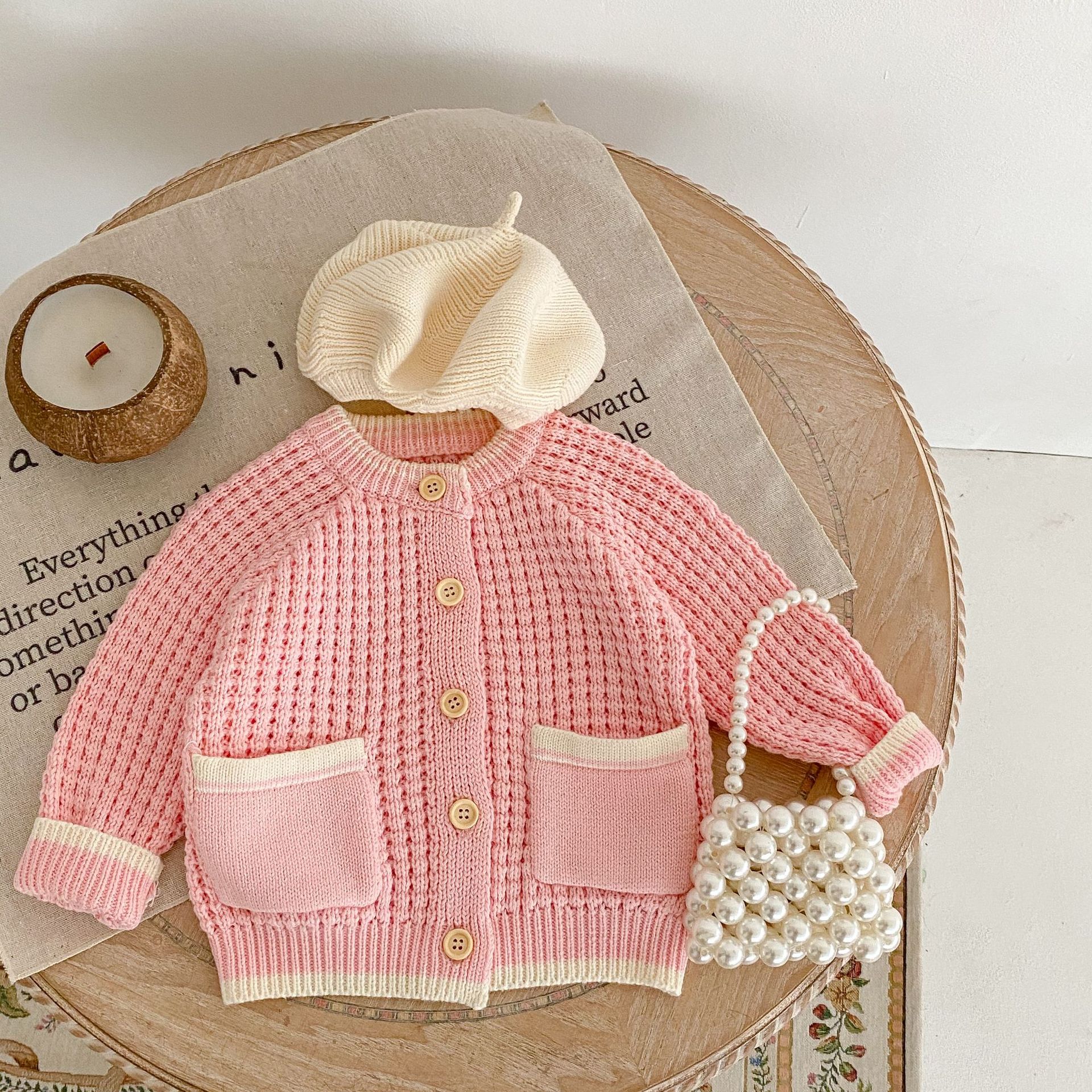 

Ins cute Winter Girl Clothing Cardigan Kids Regular sleeve Hollow Out Design Pockets Pink Sweaters baby Clothes 100% cotton