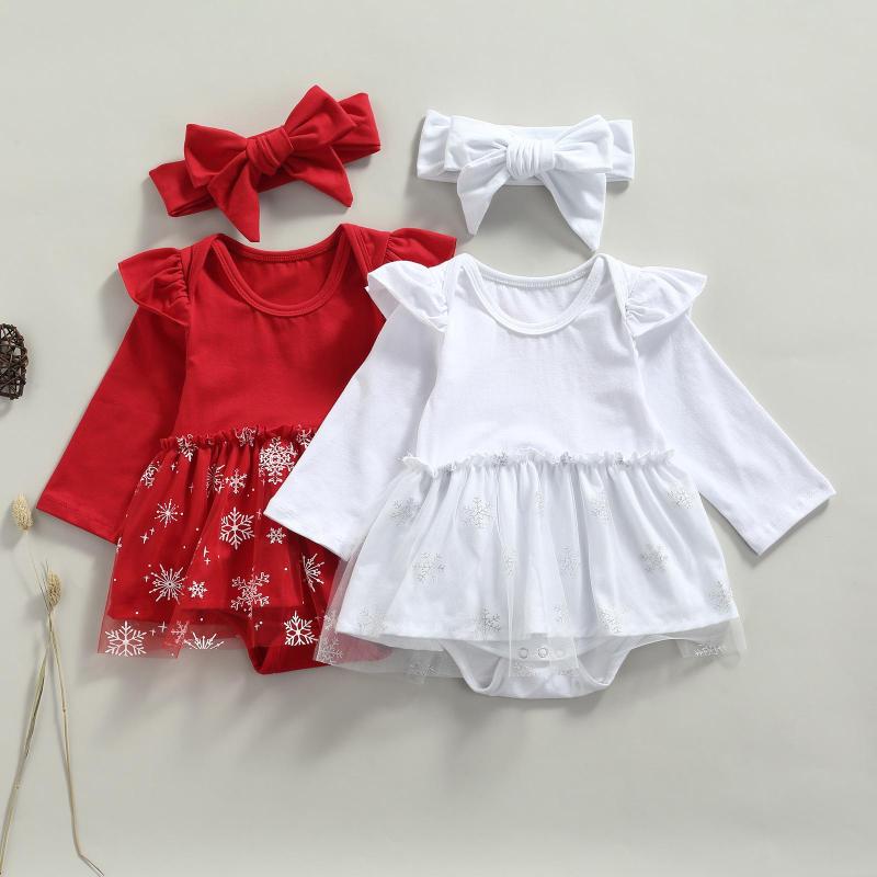 

Girl Dresses Born 2Pcs Baby Girls Christmas Outfit Snowflake Mesh Splicing Long-Sleeve Romper Hairband For Toddler Clothing Sets, Red