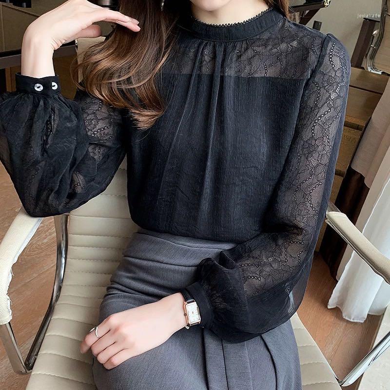 

Women' Blouses 2022 Autumn Lace Hollowed Out French Style Lantern Sleeve Top Women' Korean Black Long Shirts Blusas Female White