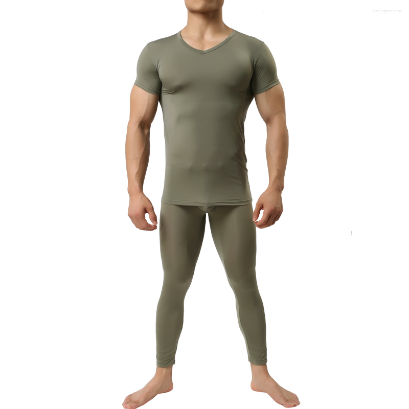 

Men's Thermal Underwear Men's Suit Sexy Ultra-thin Long Johns Ice Silk Lounge Pajamas Men Tights Undershirts Leggings Mens Set, Skin set