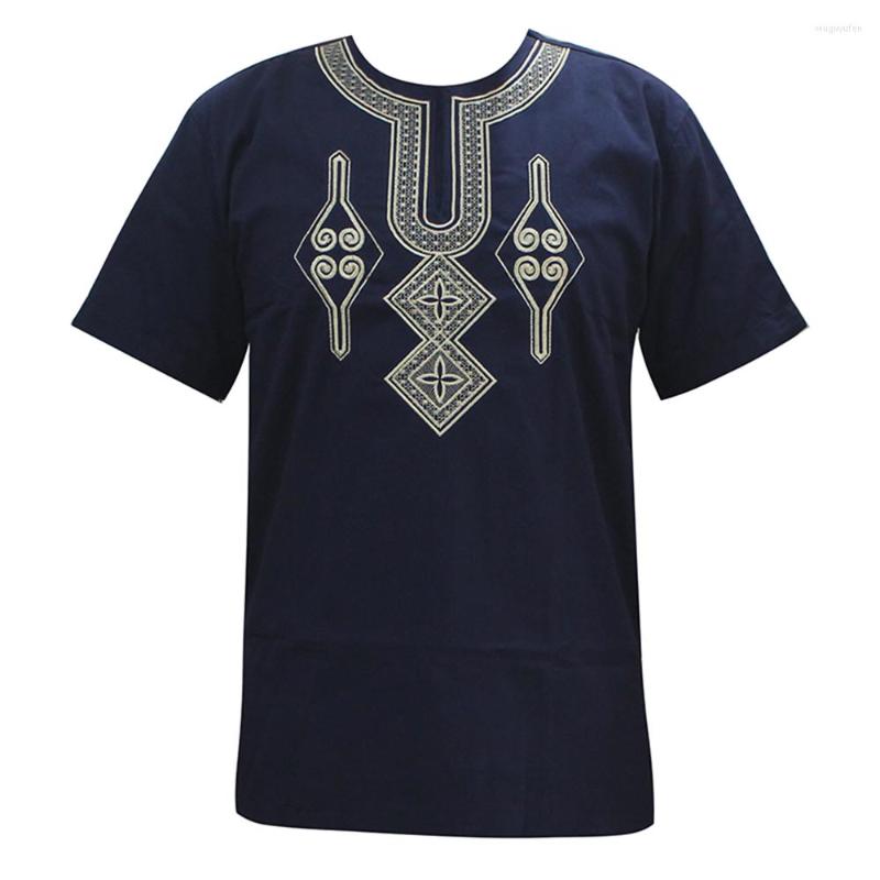 

Ethnic Clothing Dashikiage Cotton Navy Color Gold Embroidery O-Neck Short SleeveFashion Men Tops Shirt