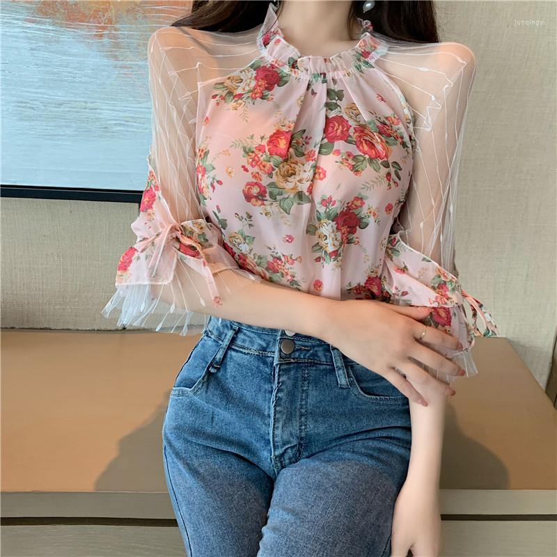 

Women' Blouses Women Blouse 2022 Summer Print Floral Chiffon Shirt Mesh Stitching Lantern Sleeves Lotus Leaf Collar Blusas Elegantes Top, As the picture