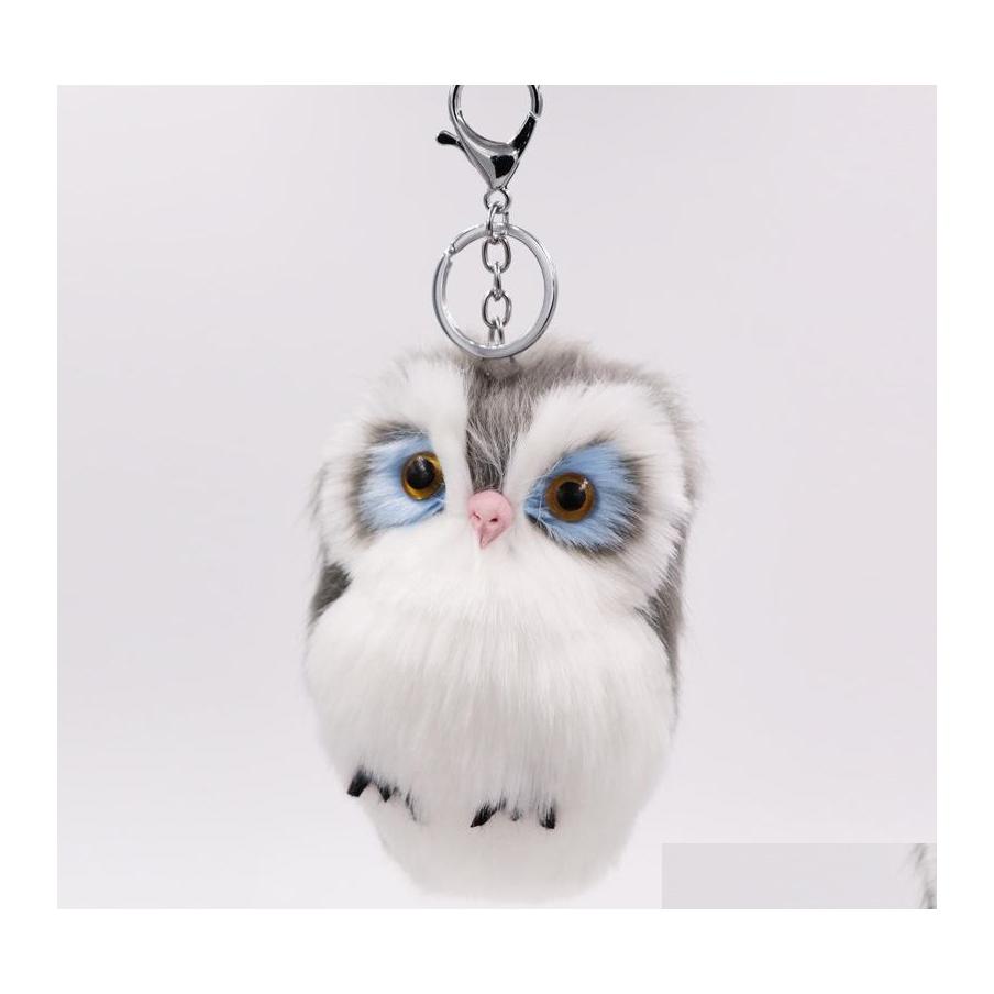 

Keychains Lanyards Mini Animal Key Rings 8Cm Plush Toy Soft Fluffy Owl Pompom Keyring Jewelry Cute Women Pendant Keychain For Bag Ottlb