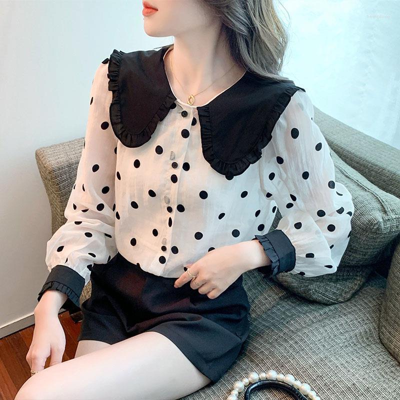 

Women' Blouses Large Lapel Shirt Women Ruffled Polka Dot Black White Chiffon Fashion Stylish 2022 Spring Cute Long Sleeve Blusa Feminina, White dot