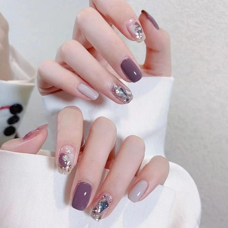 

False Nails Detachable DIY Love Heart Moon Press On Shining Crystal French Short Square, Z488