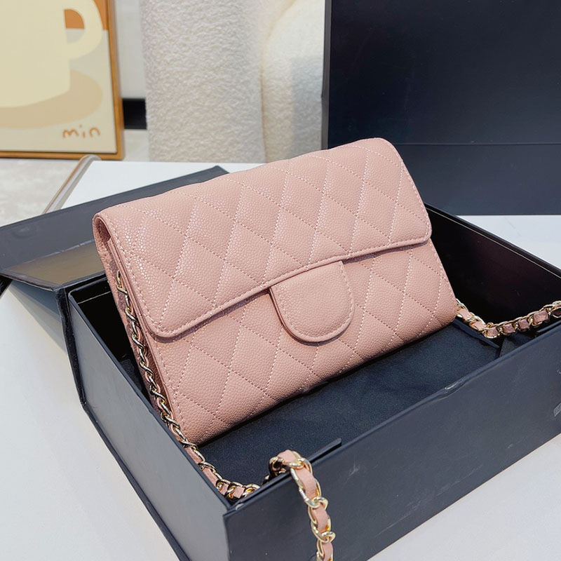 

Ss22 Womnes Bifold Wallet With Chain Bags Card Holder Multi Pochette Caviar Leather Purse Gold Metal Hardware Matelasse Chain Crossbody Shoulder Handbags 20X13CM, Box