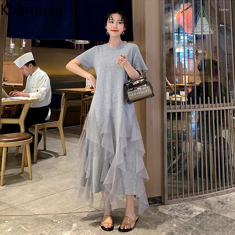 

Party Dresses Koamissa Cotton Plus Size Clothing For Women Short Sleeve Maxi Dress Loose Slim Gauze Round Neck Summer Korean Vestidos, Gray