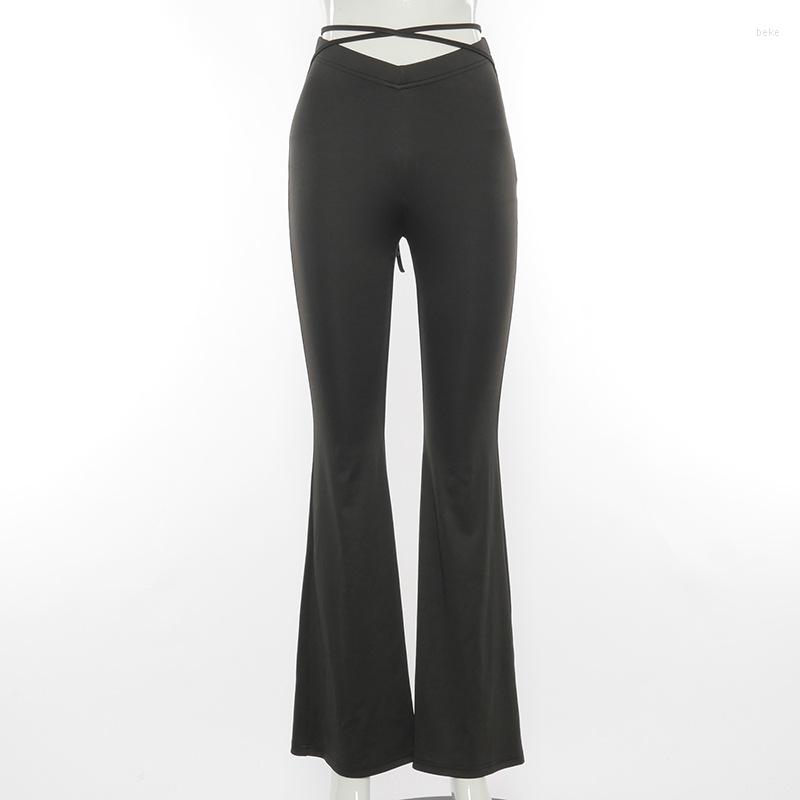 

Women's Pants Flare Girl Style Sexy Strechy Trousers Women Lace Up V Waist Low Rise Harajuku Black Cropped Cross Strap Slacks, Bk