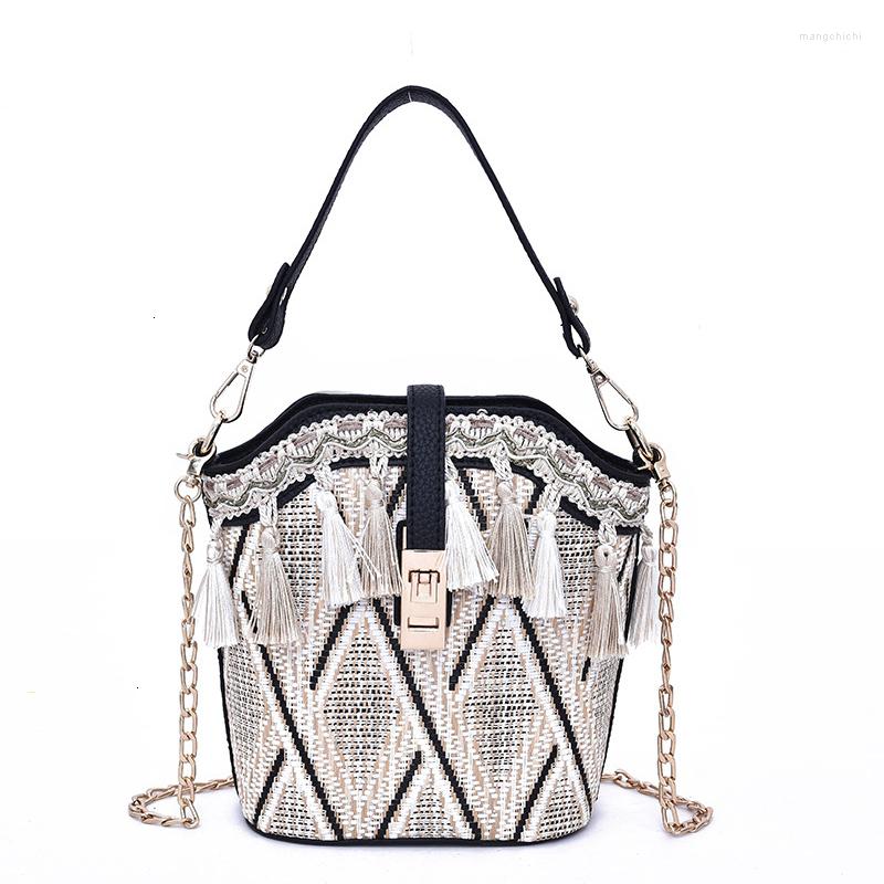 

Evening Bags Women Handbags National Style Tassel Bucket High Quality Straw Woven Chain Single Shoulder Bag Casual Small Messenger, Black