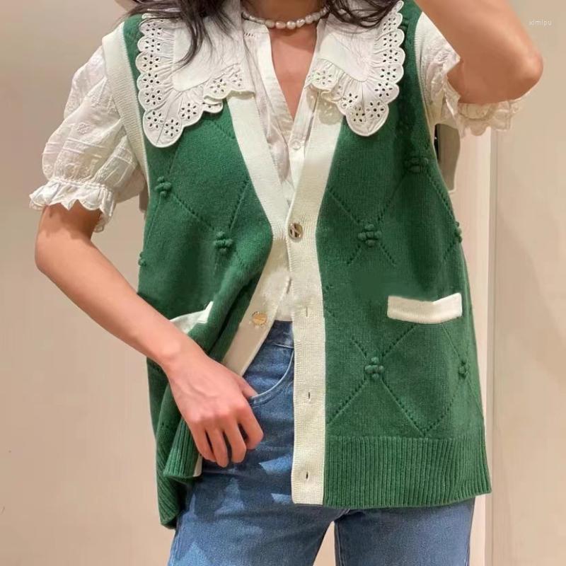 

Women' Vests Autumn Winter 2022 Women' Knitted Vest French Brand Button Geometric Lace Turn-down Collar Elegant Vintage Casual Tops, Kno0314