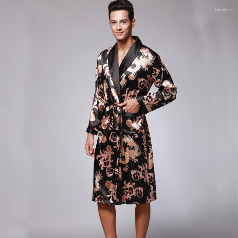 

Men's Sleepwear SSH0127 Spring Autumn Men's Bathrobes Printed Male Pajamas Full Sleeves Nightwear Satin Silk Robe Pyjama Belt Men, Black