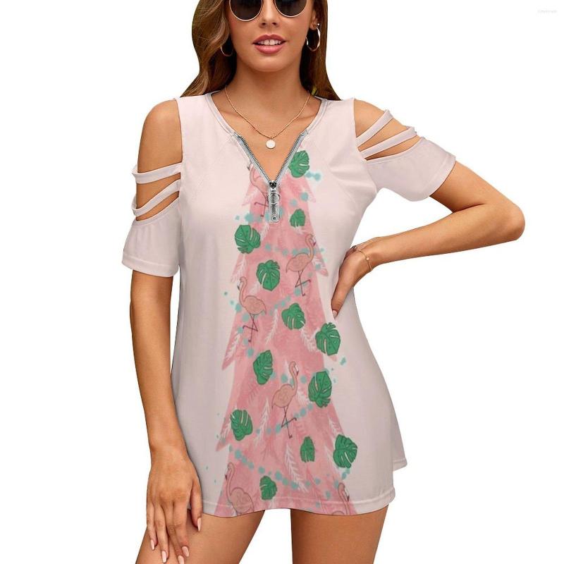 

Women's T Shirts Flamingo Christmas Tree Women'S T-Shirt Summer Fashion Print Floral V-Neck Zipper Tshirt Hollow Pullover Ladies Top, Nz019