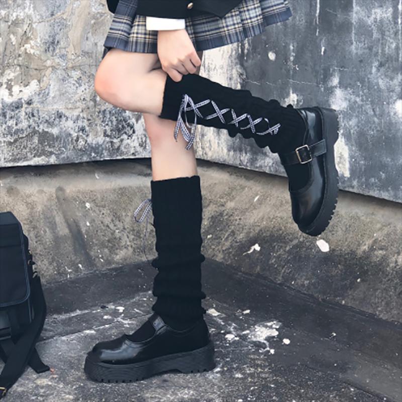 

Women Socks Black White Lolita Leg Warmer Drawstring Stripe Plaid Ribbon Bow Warmers Punk Female Ankle Winter Accessories