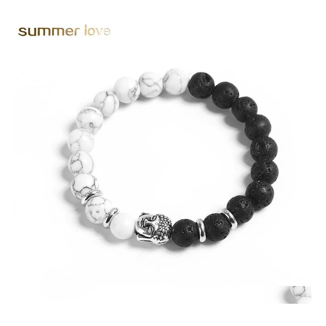

Beaded Strands 8Mm Natural Lava Stone Bead Bracelets Sier Plated Buddha Black White Chakra Beads Bracelet Summer Love For Women Men Otzdw