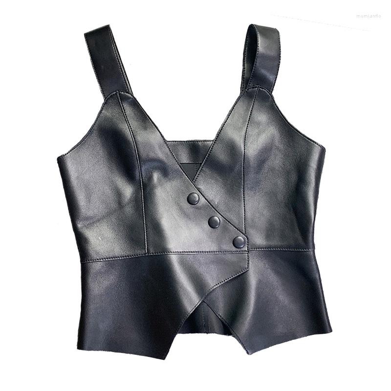 

Women' Tanks Lady' Fashion 2022 Genuine Leather Top Women Lady Sexy Camis Sheepskin Corset Y2k Cropped Tube MF8271, Black