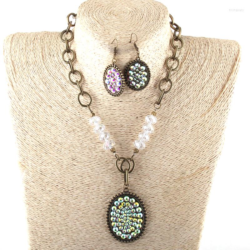 

Necklace Earrings Set Fashion Jewelry Rosary Chain Glass Crystal Big Metal Bling Pendant Choker And Earring, Picture shown