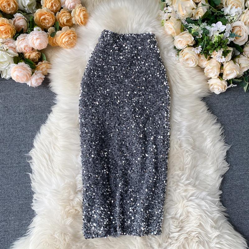 

Skirts 2022 Women Sequins Pencil Korean Elegant Mid Length Bodycon Jupe Spring Sexy Femme Trend High Waist Slim Shinny Skirt, Black