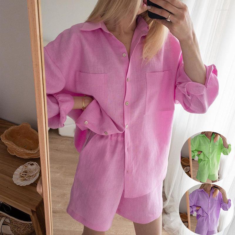 

Women's Tracksuits 2022 Women's 2-piece Set Versatile Shirt Elastic Waist Shorts Cotton Linen Suit