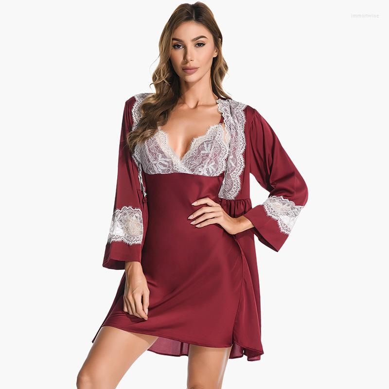 

Women's Sleepwear 2PCS Women Lace Trim Robe Gown Sets Sexy V-Neck Nightdress Kimono Bathrobe Underwear Nightgown Summer -XL Casual Home, Pink
