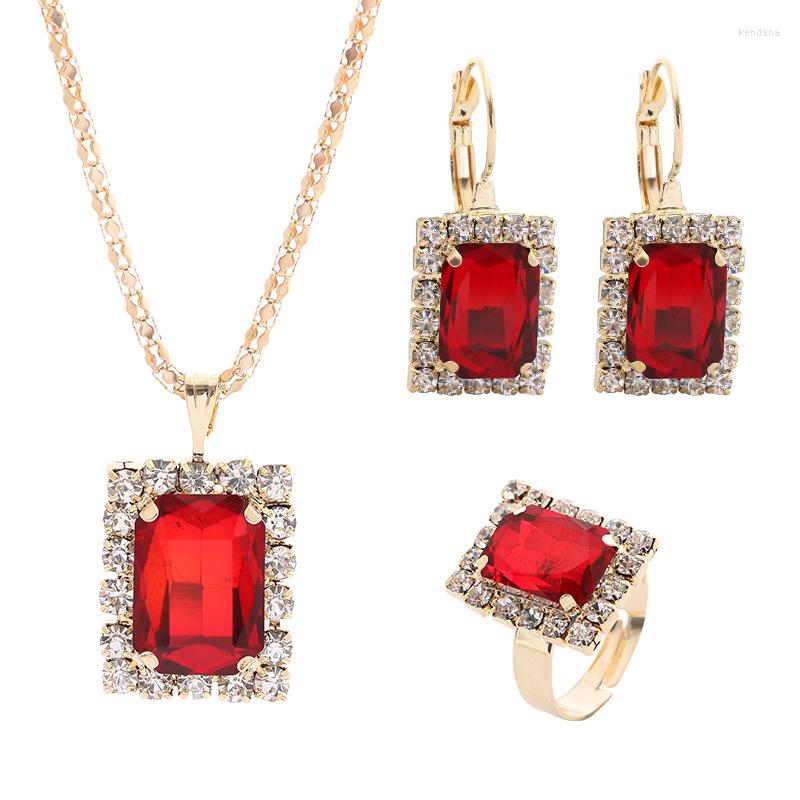 

Necklace Earrings Set Nigeria For Women Fashion Crystal Pendant Charm Bride Square Shape Ring Dubai Jewelry, Picture shown